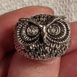 Stainless steel vintage owl ring w/blk detail rhinestone eyes size 8